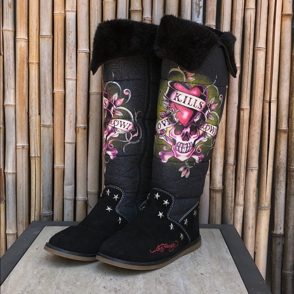 Ed Hardy Shoes - ED HARDY "Love Kills Slowly" Black & Pink Boot Sz9